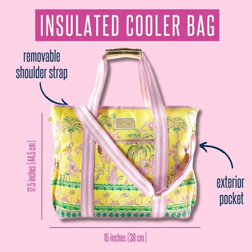 Lilly Pulitzer Yellow Picnic and Beach Cooler Bag, Insulated Soft Cooler with Adjustable Shoulder Strap and Zippered Top, Large for Groceries or Travel, Tropical Oasis