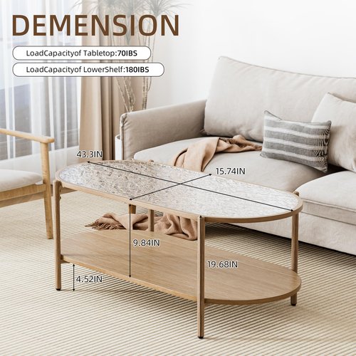 Glass Coffee Table, 44” Tea Dinner Table 2-Tier Oval Center Table Wave Pattern Tempered Glass Table Top With Anti Slip Pads, for Living Room Office Cafe Reception Room Small Space Apartment