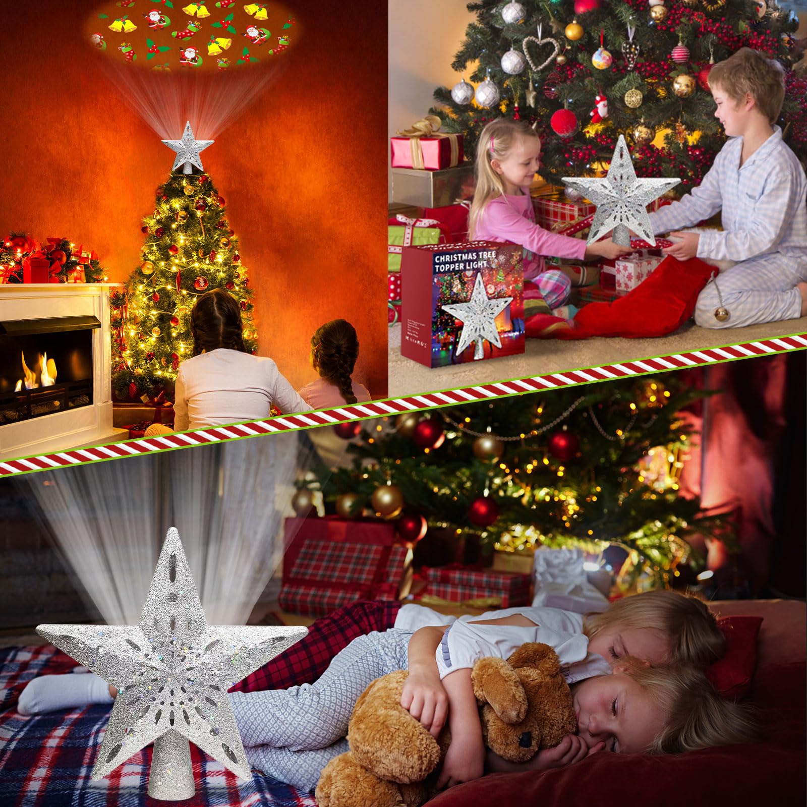 Tsorode Christmas Tree Topper Lighted,Star Tree Topper with Projector Built-in LED Rotating Lights with 6 Projection Modes,3D Glitter Dynamic Projection Christmas Decorations (Silver)