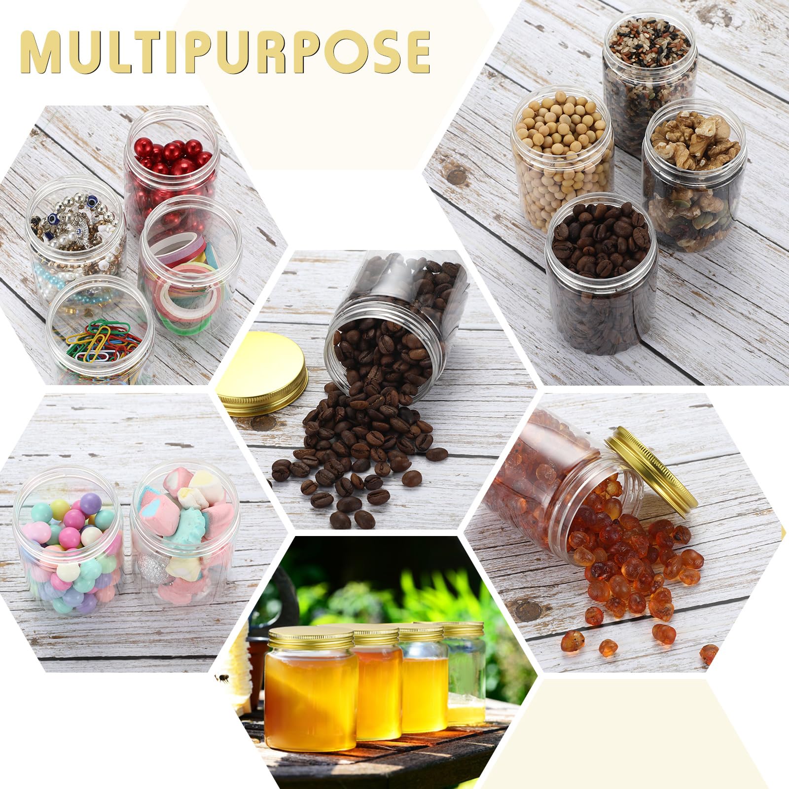 Wesiti 100 Pcs 8 oz Clear Plastic Mason Jars Containers With Screw on Gold Lids Refillable Round Empty Plastic Jars Storage Containers Reusable for Kitchen Household Dry Food Storage Honey Herb Nuts