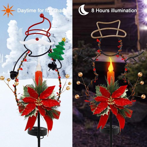 FORUP Solar Christmas Yard Decorations - LED Solar Powered Candle Pathway Lights | Set of 2 Snowman & Santa Ornaments