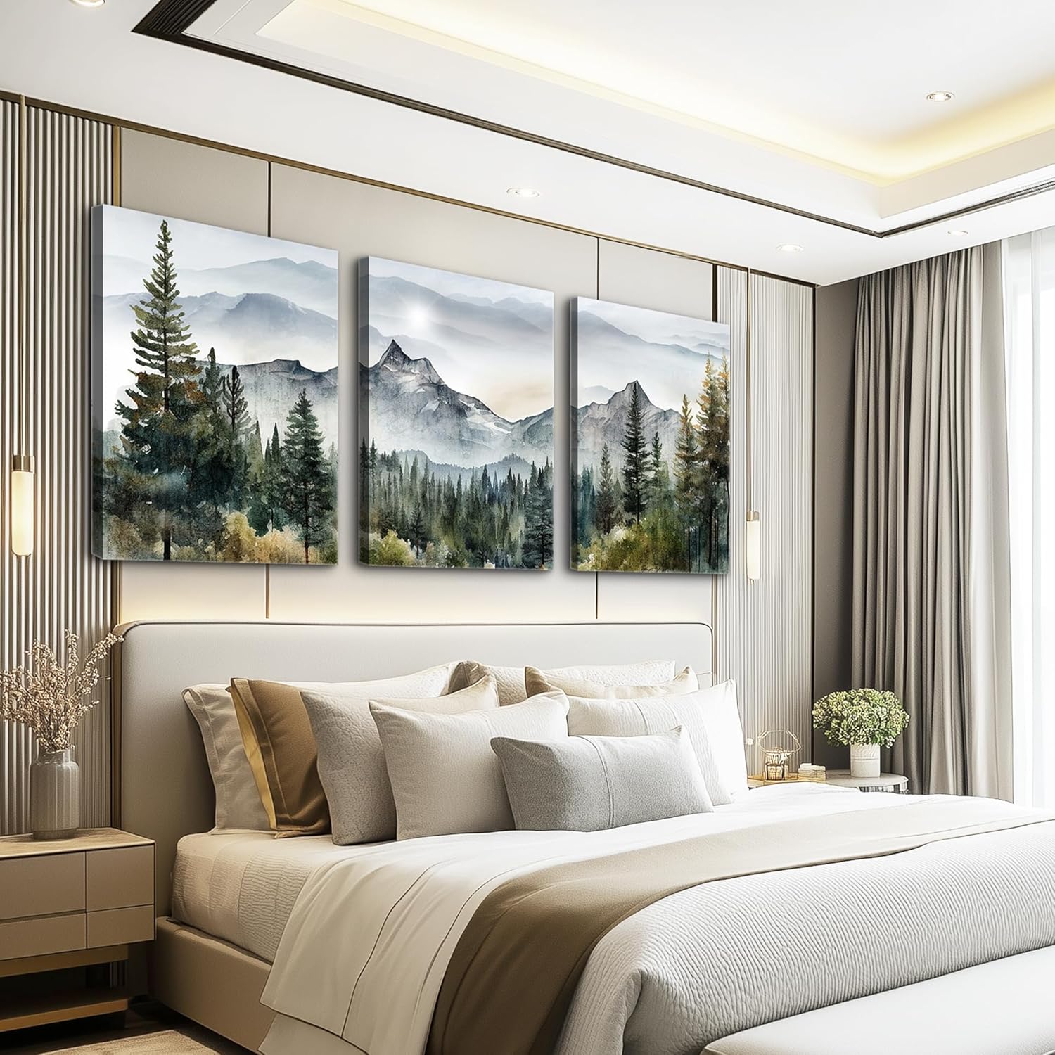 MHARTK66 Large Wall Art - Modern Abstract Mountain Forest Landscapes | 3-Piece Framed Canvas Set
