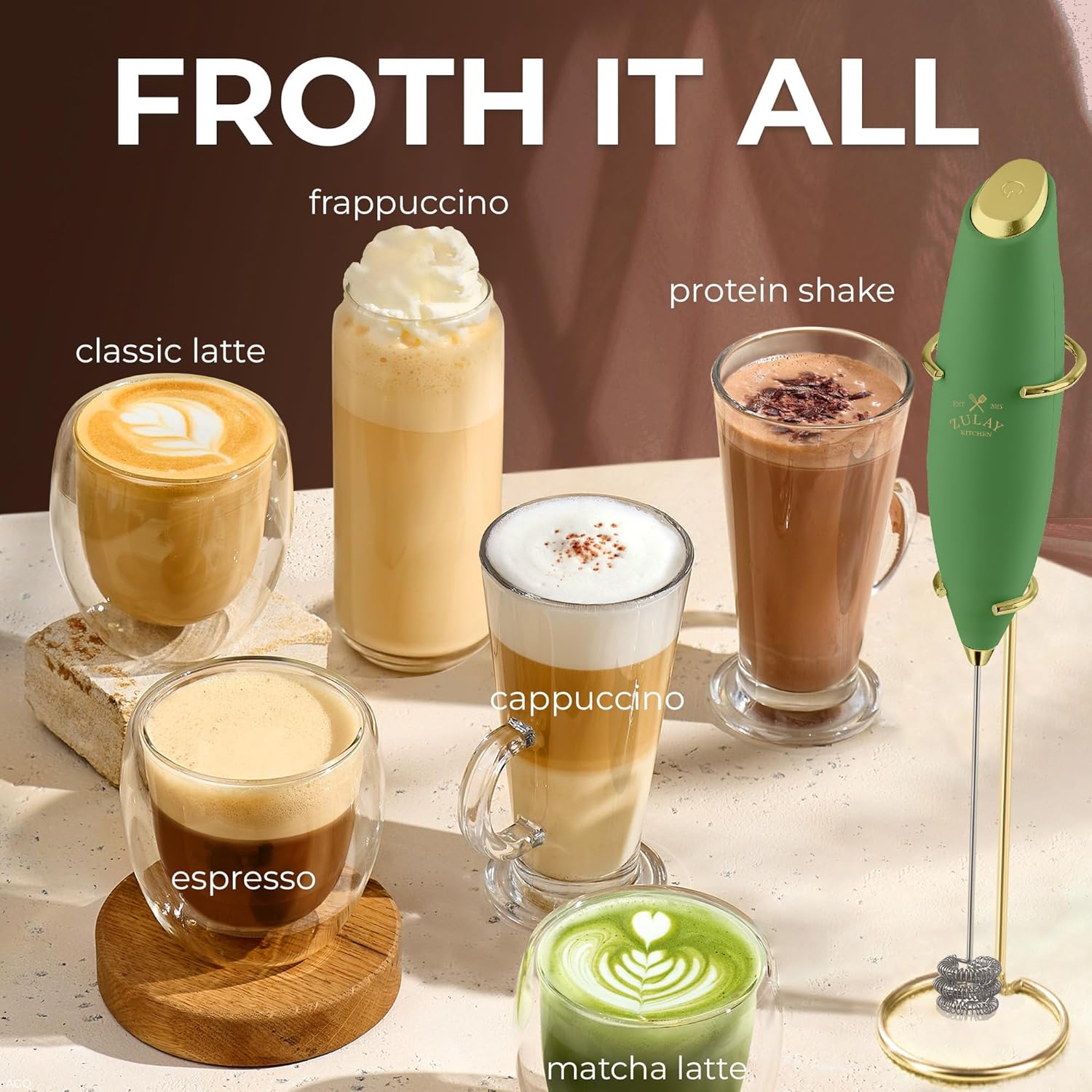 Zulay Kitchen Milk Frother - Patented Tornado Triple Whisk for Rich, Creamy Foam - Olive & Gold