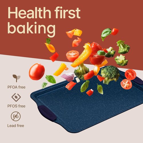 BAKKEN Nonstick Carbon Steel Baking Pan Set - Blue Silicone Handles, Oven Safe Up to 450°F | Set of 6