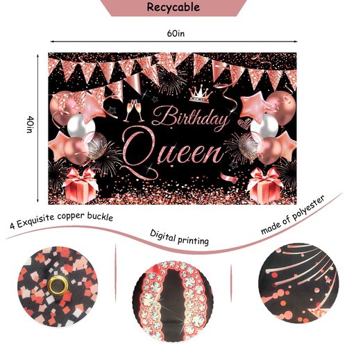 JKIYT Happy Birthday Decorations for Women Girls, Black Rose Gold Birthday Party Decor Include Sash and Crown, Balloons, Banner, Backdrop, Cake Topper & 6pcs Paper Pom Poms (Black rose gold)