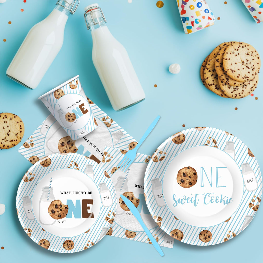 HIPVVILD Milk and Cookies 1st Birthday Decorations Tableware - One Sweet Cookie Birthday Party Supplies, Milk Theme Paper Plates and Napkins Set, Disposable Cutlery | Serves 24