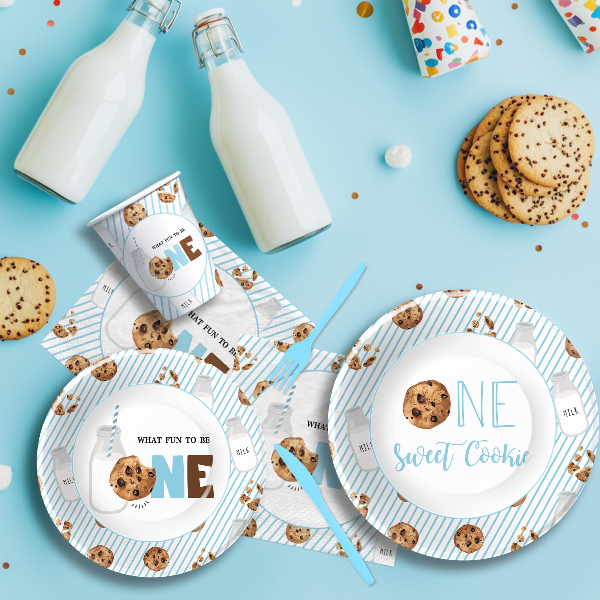 HIPVVILD Milk and Cookies 1st Birthday Decorations Tableware - One Sweet Cookie Birthday Party Supplies, Milk Theme Paper Plates and Napkins Set, Disposable Cutlery | Serves 24