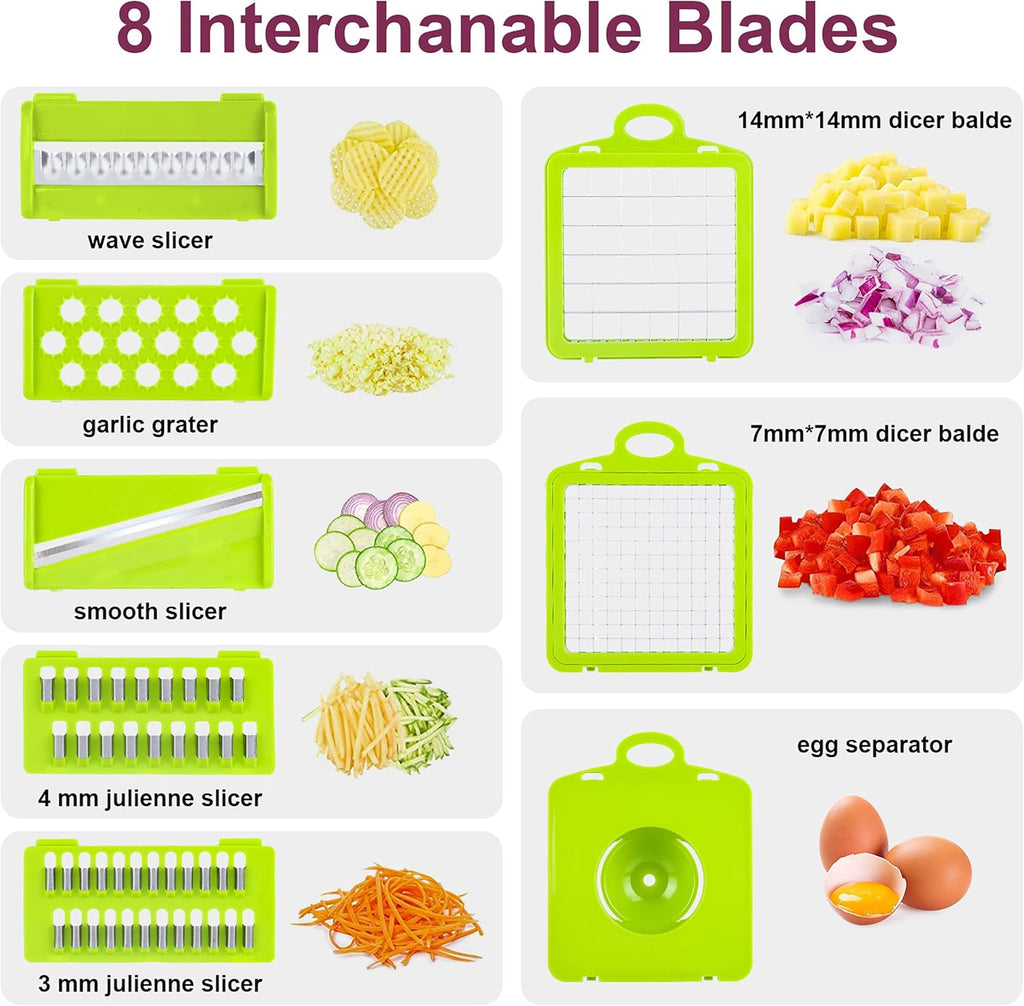 Skiennix Vegetable Chopper - Multifunctional 10-in-1 Mandoline Slicer & Dicer | Gray/Green Kitchen Gadget