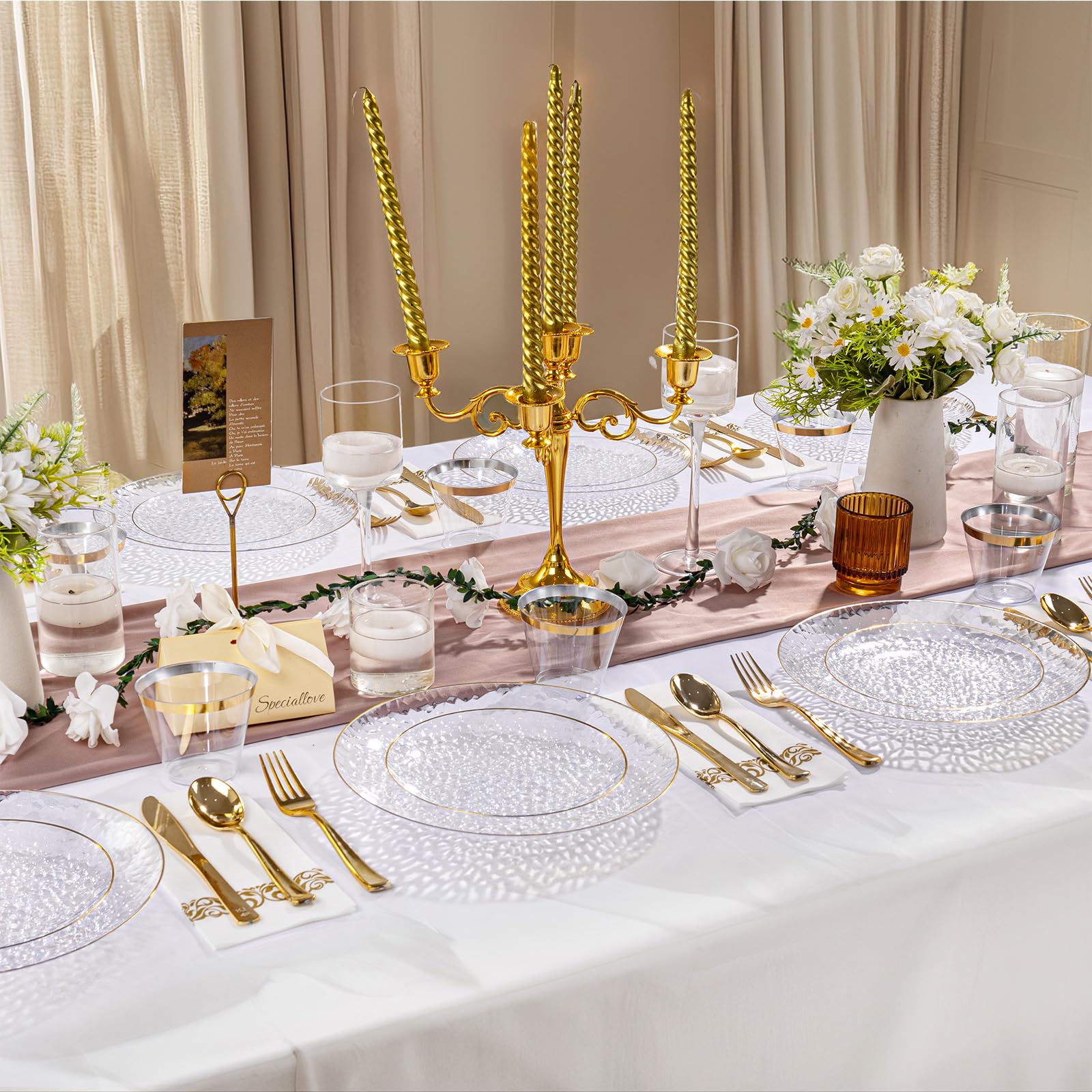 DaYammi 175PCS Clear Gold Plastic Dinnerware Set, Plastic Plates Disposable Hammered Disposable Plates for Party, Include: 25 Dinner Plates 25 Dessert Plates 75 Gold Silverware 25 Napkins 25 Cups