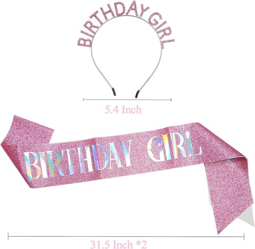 GREATRIL Pink Birthday Girl Tiara & Sash Set - Perfect Crown Headband for Princess Parties