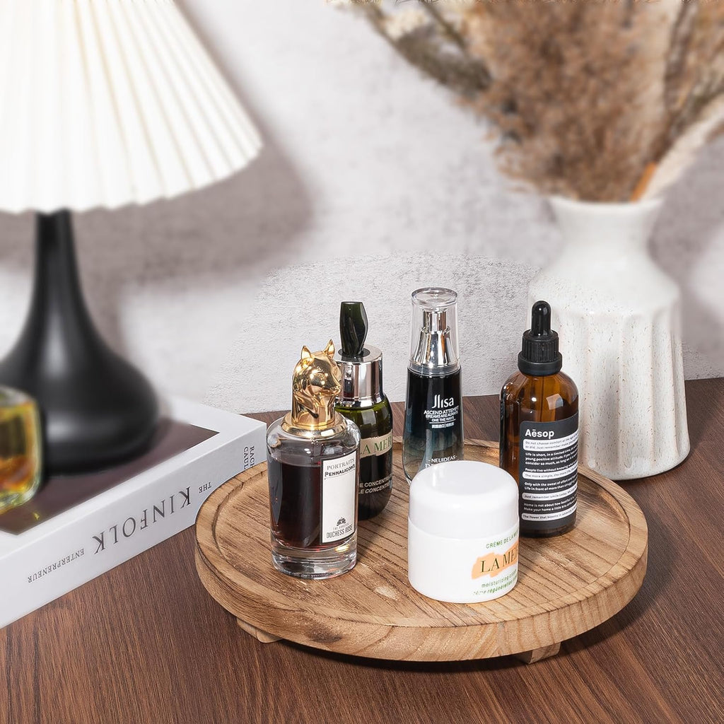 Skiennix Round Decorative Wooden Tray - Farmhouse Bathroom Counter Organizer for Soap, Perfume, Candle | 10" - Brown