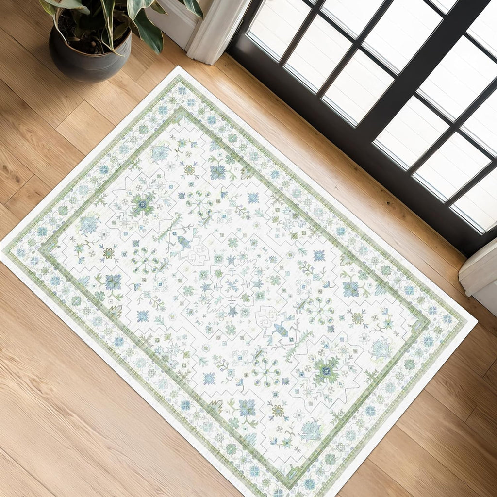 Oushak Boho Bathroom Rug - Cream Green & Blue Floral Design, Washable Non-Slip Low Pile, 2x4 ft
