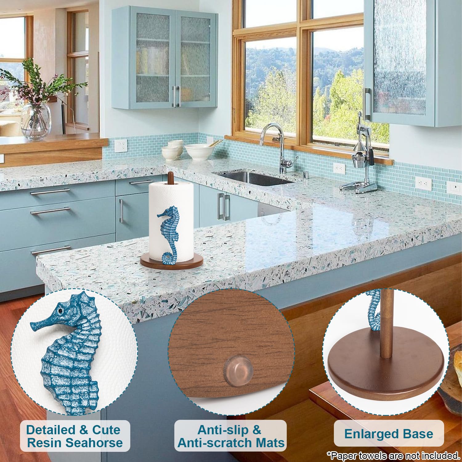 Seahorse Paper Towel Holder - Beach House Decor Unique Coastal Decor Seahorse Gifts for Women, Funny Cute Paper Towel Holder Stand Wood Kitchen Countertop Bathroom Decor Blue Coastal Kitchen
