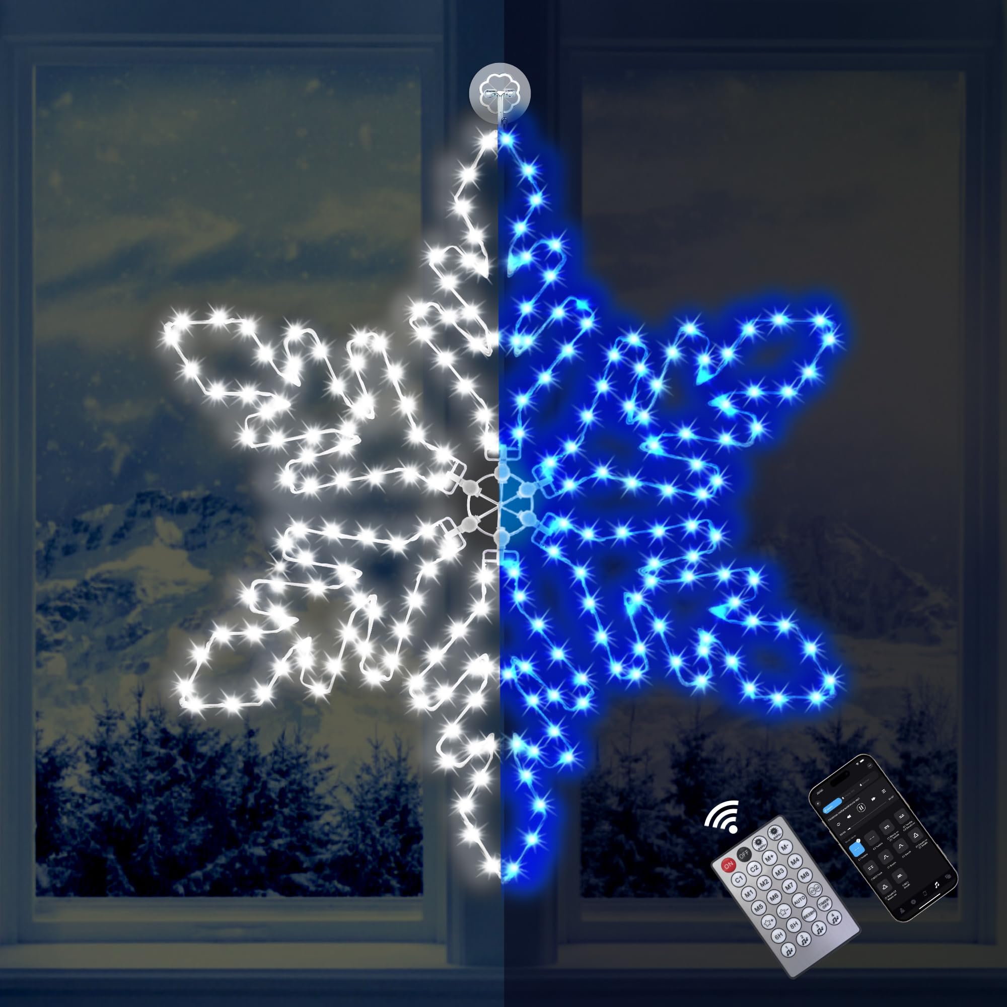 LiuZpatial Led Snowflake Lights Outdoor, 36" 219 LED Smart Blue White Snowflake Christmas Lights with APP Remote Control Timer Music Sync, Metal Frame & Removable for Christmas Window Decorations