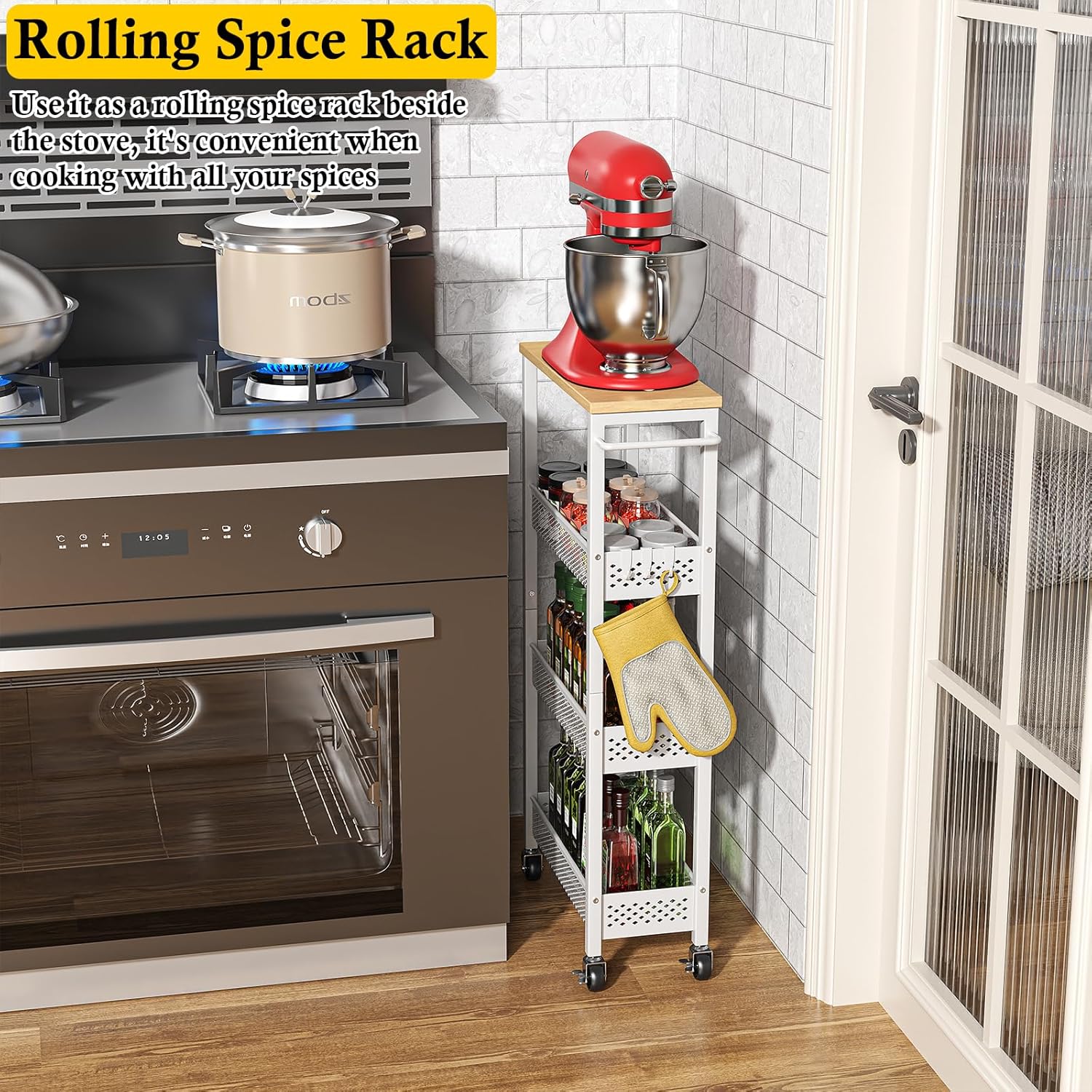OKZEST Slim Rolling Storage Cart - 4 Tier Mobile Organizer with Wood Top for Kitchen & Bathroom