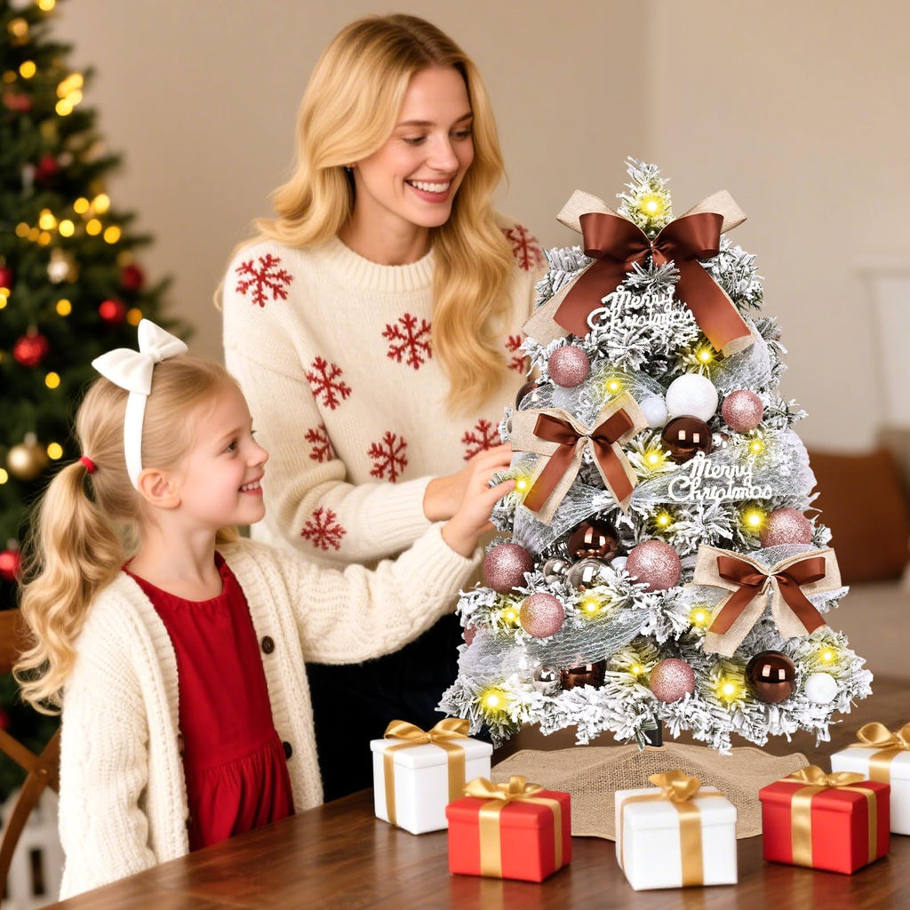 Uspring 2Ft Flocked Small Christmas Tree with Lights, Artificial Table Top Christmas Tree with 62 Pre-Decorated Ornaments, Full Mini Xmas Trees for Indoor Holiday Decor