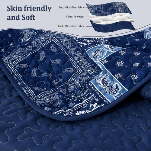 Cottolester Blue Patchwork Quilt Set Queen Size,Boho Navy Blue Quilt Set,Paisley Farmhouse Bedspread Soft Microfiber Bedding Set for All Season 96"x90"