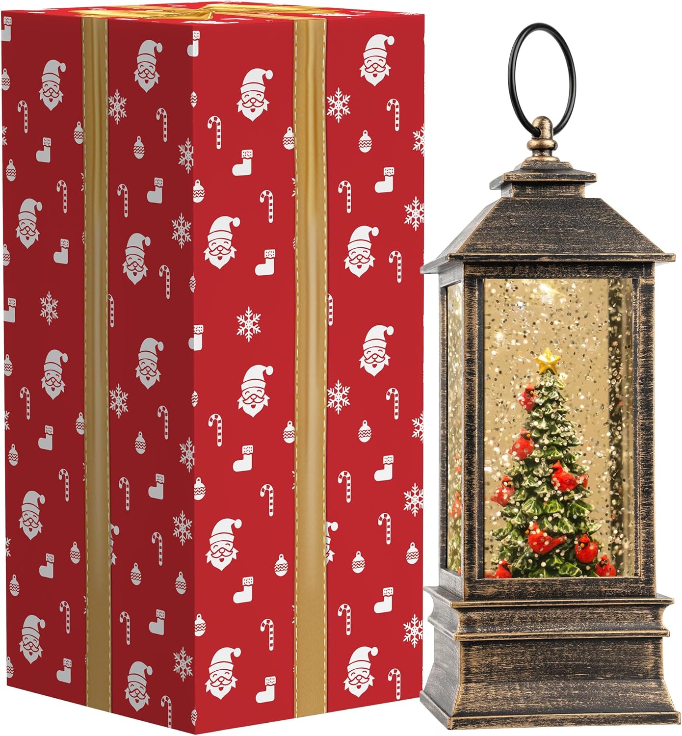 VISFLAIR 10'' Lighted Christmas Tree Snow Globe | Cardinal Music Water Lantern with Glitter Decoration