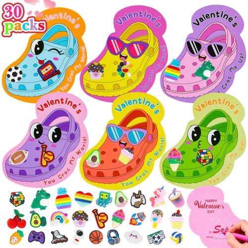 Valentines Day Cards for Kids School, 30 Pack Valentines Cards with 65 Shoe Charms Decor Bulk for Students Classroom Treats, Class Valentines Day Gifts for Kids Boys Girls Exchange Party Favors Prizes