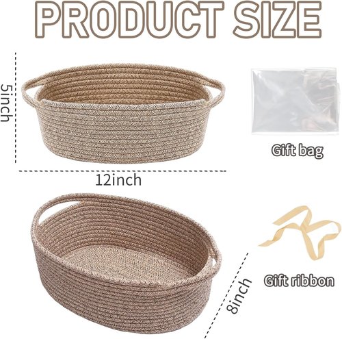 JMvicyroam Woven Basket - Small Rope Storage Bin with Handles for Organizing Shelves & Closets