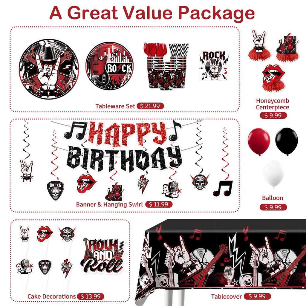 Xynic Rock and Roll Party Decorations, 207 PCS Rock n Roll Party Decorations Set with Plates, Cups, Napkins, Banner, 2 Tablecloths, Balloons, Music Birthday Decorations for Boys & Girls, Serves 25