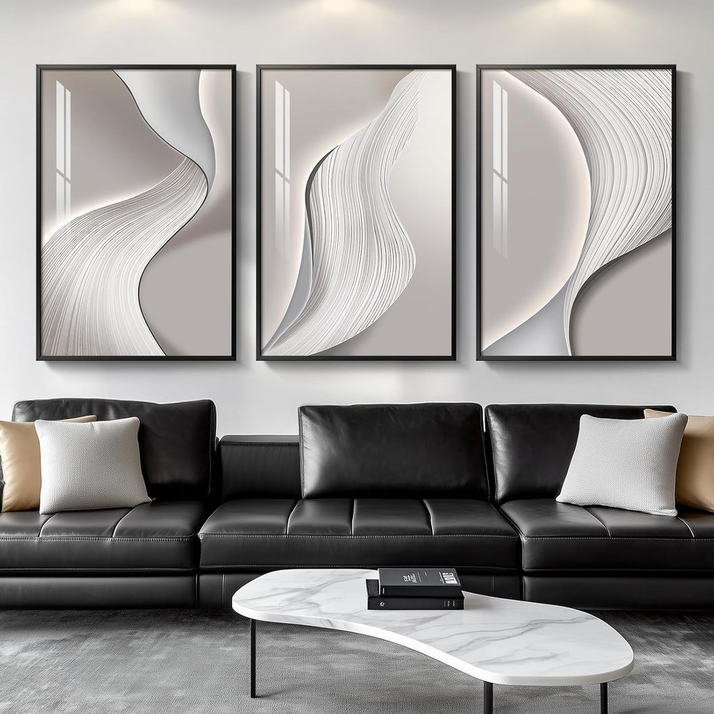 Skiennix Large Framed Modern Abstract Wall Art - Minimalist Bright Style Prints | Silver Gray 24x36 In