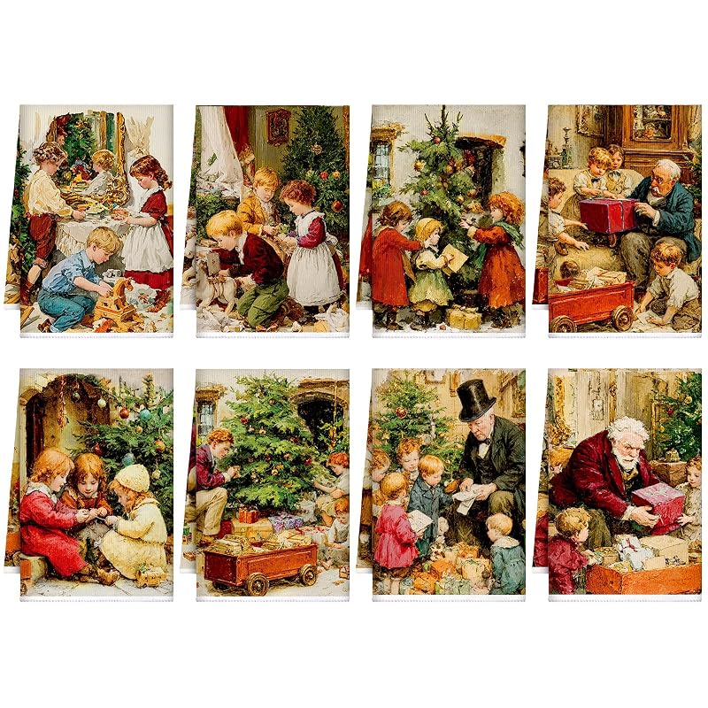 Fourluoo 8 Pcs Christmas Retro Kitchen Towels Set - Vintage Rustic Dish Towels (Variation: Retro)