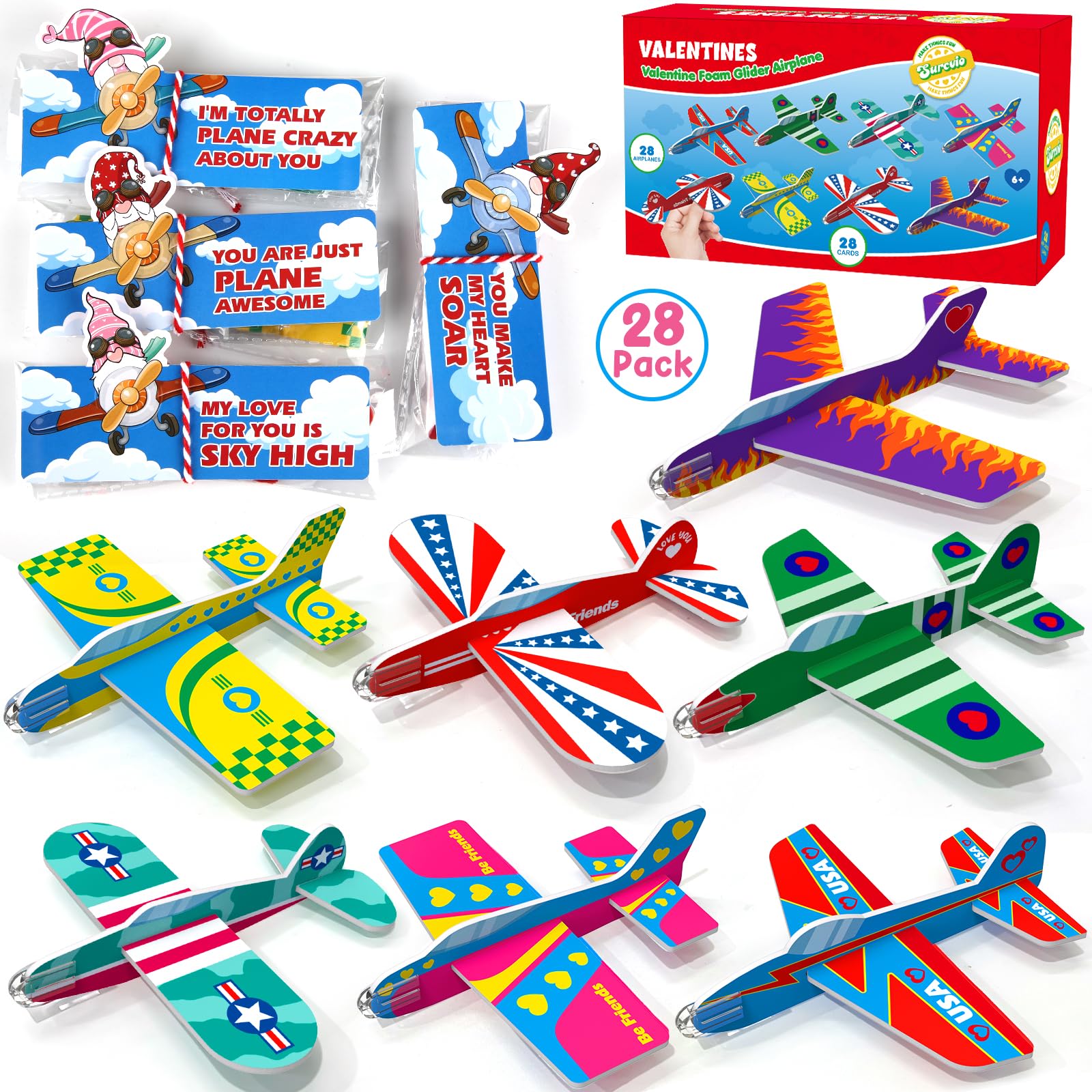 SURCVIO 28 Pack Valentines Day Gifts for Kids, Foam Airplanes Party Favor Set with Valentines Greeting Cards for Kids, Valentine's Day School Prize Party Favor, Classroom Exchange Gift Set