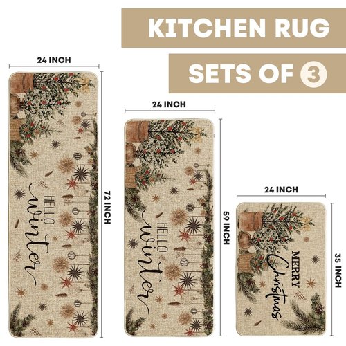 Artoid Mode Holly Ornament Merry Christmas Kitchen Mats Set of 2, Winter Home Decor Low-Profile Kitchen Rugs for Floor - 24"x35"+24"x59"+24"x72"