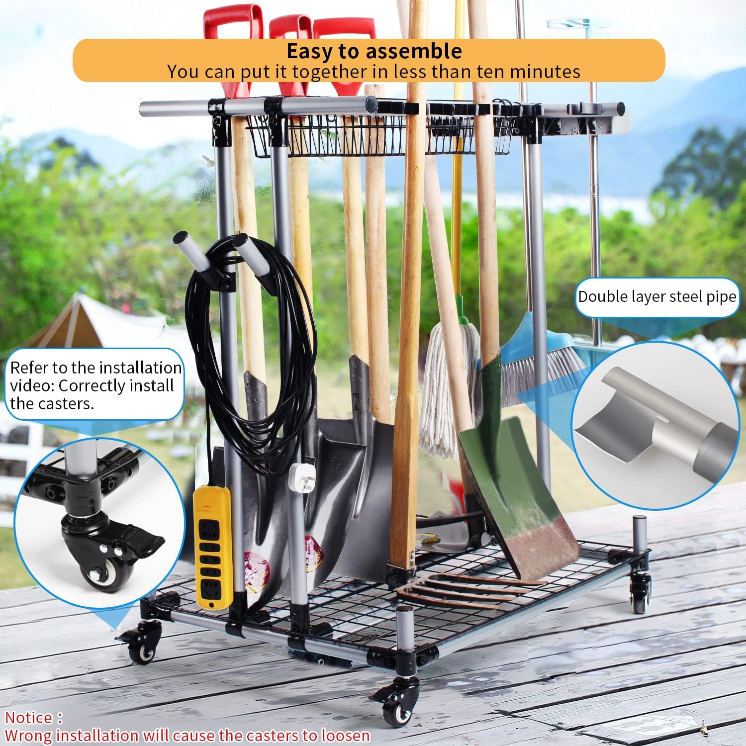 Skiennix Mobile Garden Tool Organizer - Heavy-Duty Metal Storage Holder for Long Lawn Tools | Sturdy Yard Cart