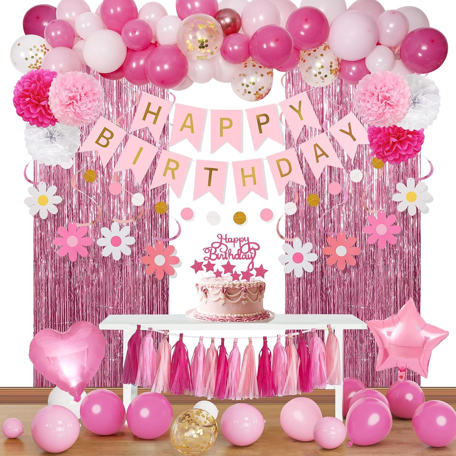 Regine Switzerland Pink Happy Birthday Party Decorations Kit - Banners, Balloons & Cake Topper