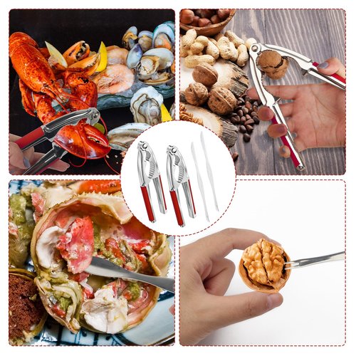 4 Pcs Walnut Cracker Tools, Windspeed Nut Crackers Three Opening Clips Nut Shell Openers Tools for Seafood Cracker, Lobster Crab Non-Slip Handle Shell Cracker with 2 Pcs Picks (red)