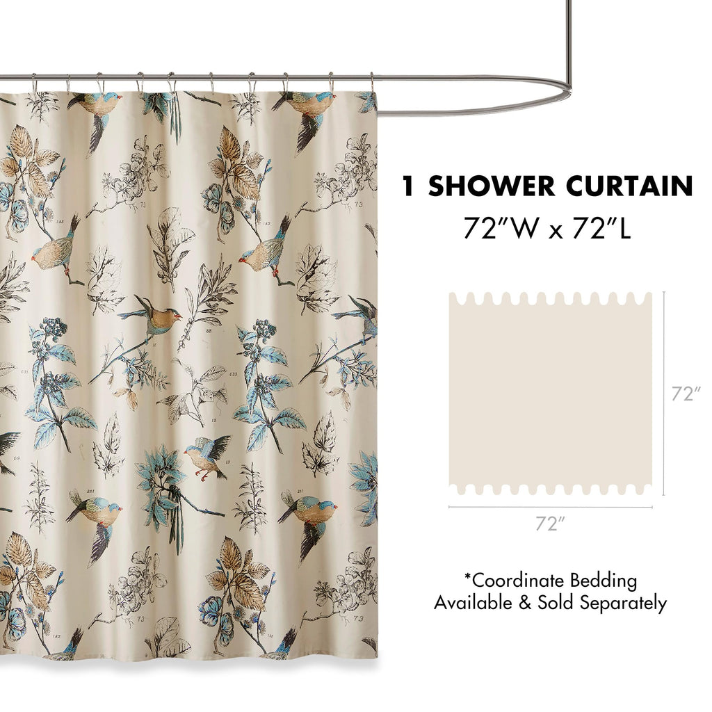 Madison Park Shower Curtain, Bird & Leaf Print, Farmhouse Shower Curtain for Bathroom, Modern Country Bathroom Décor, Machine Washable, Cotton Shower Curtain, Quincy, 72x72" Khaki