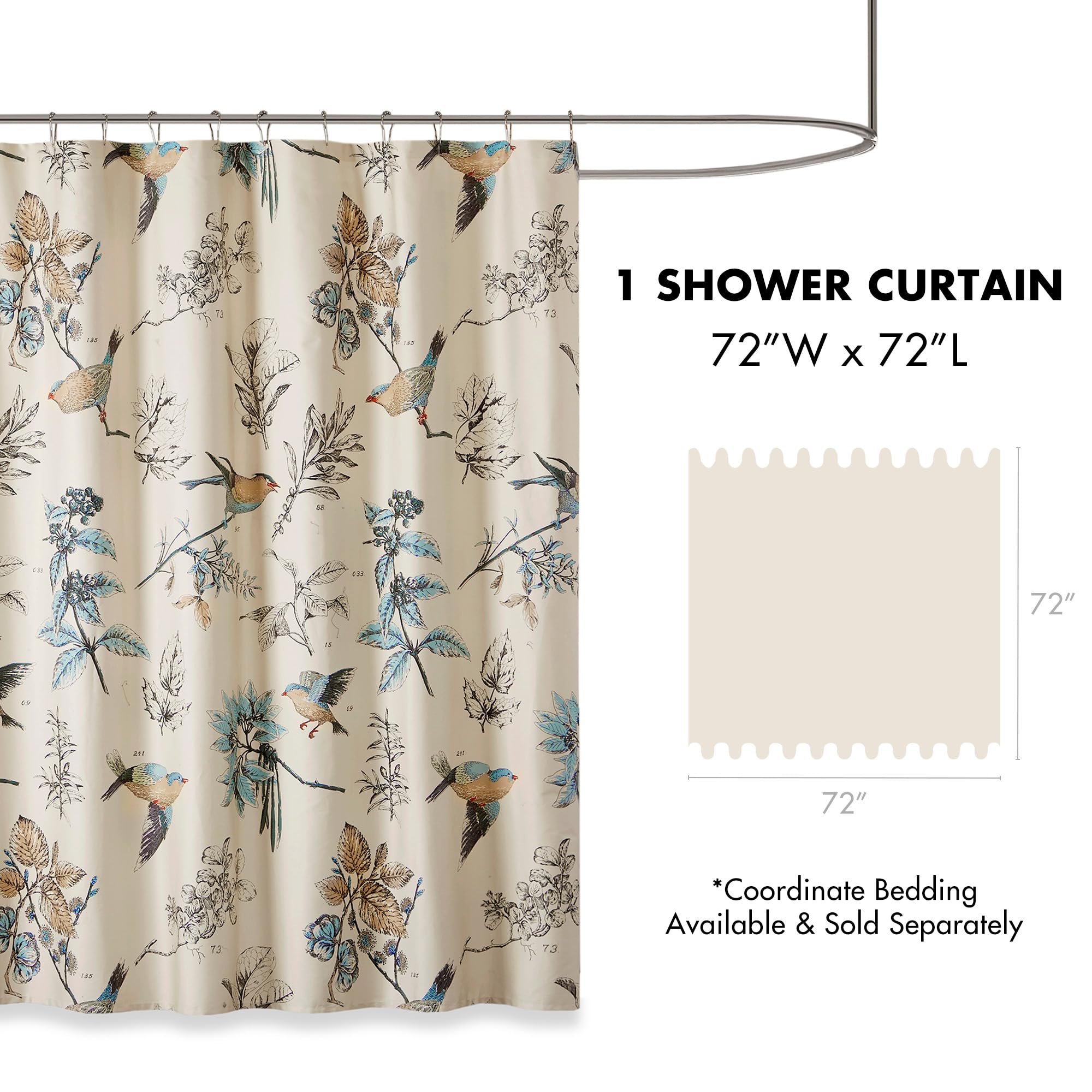 Madison Park Shower Curtain, Bird & Leaf Print, Farmhouse Shower Curtain for Bathroom, Modern Country Bathroom Décor, Machine Washable, Cotton Shower Curtain, Quincy, 72x72" Khaki