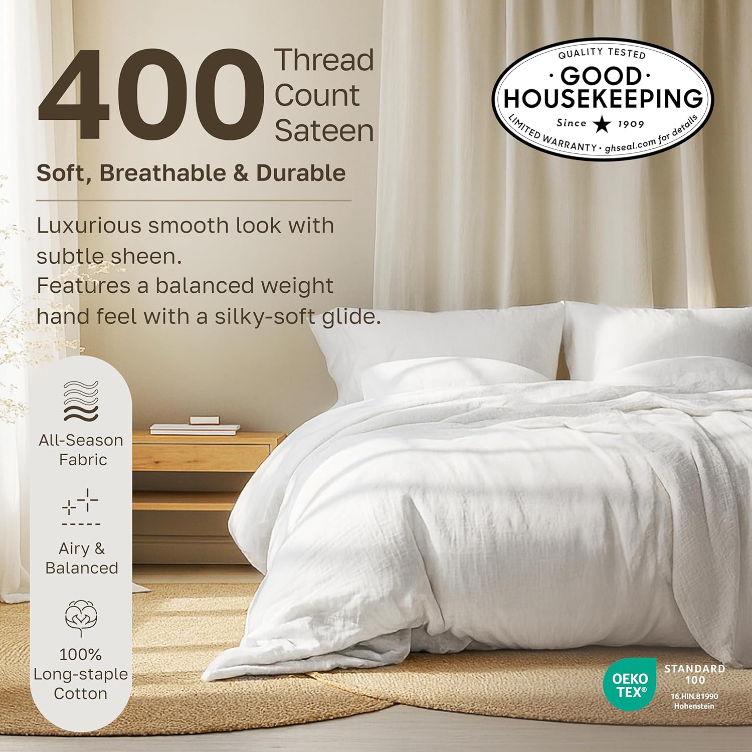 California Design Den King Sheet Set - 100% Soft Cotton, 400 TC, Silky Smooth Sateen, Deep Pockets - Striped White