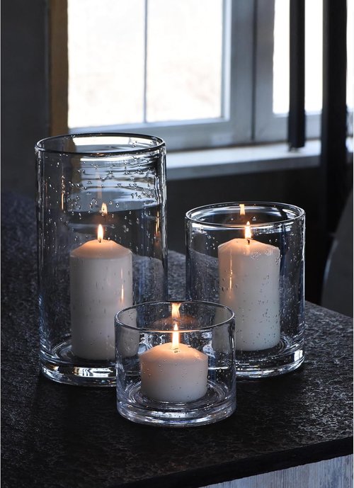 ARIAMOTION Hurricane Candle Holders - Hand Blown Glass Cylinder Vases | Clear Seeded Bubbles - Set of 3 (10", 7", 4")