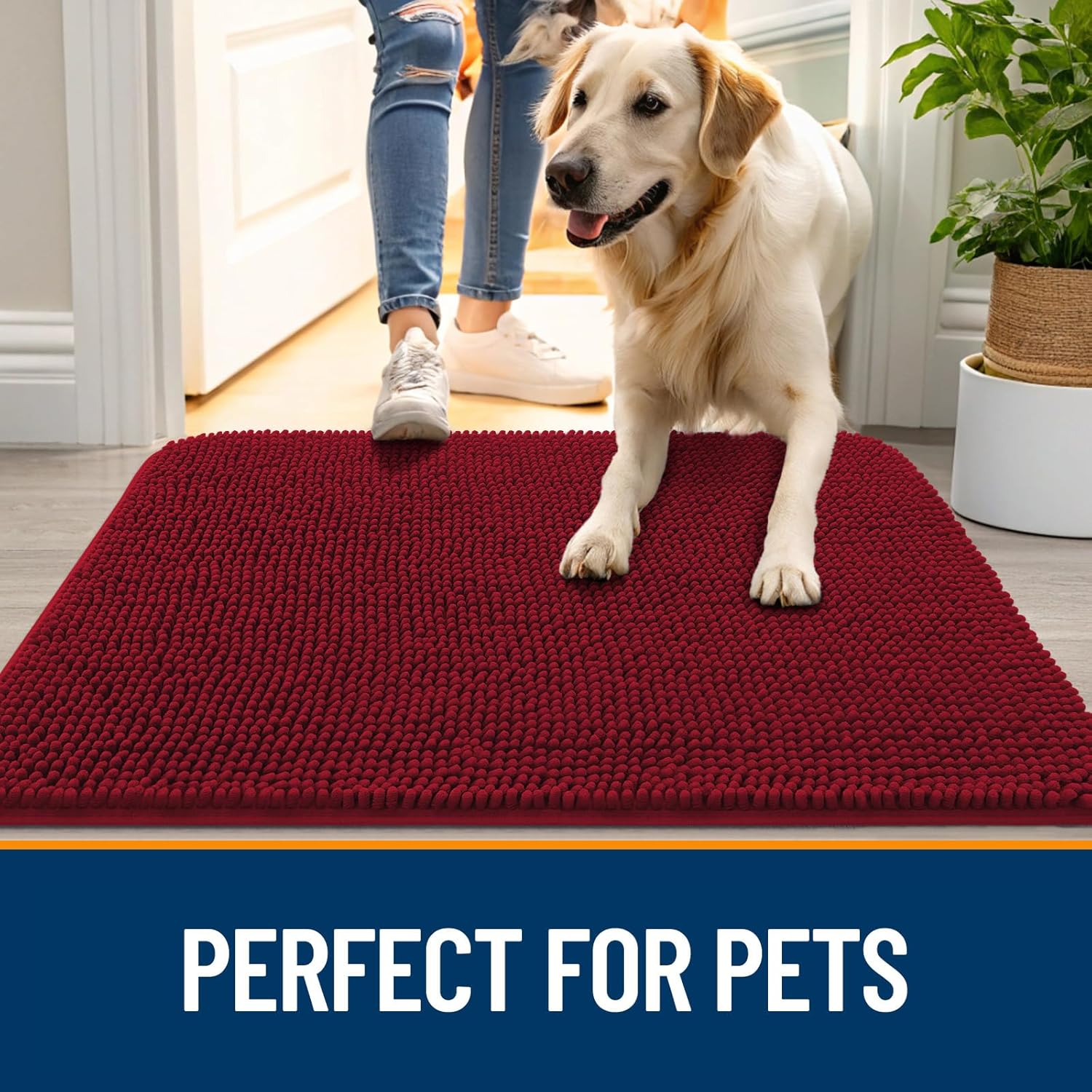 OLANLY Dog Door Mat - Absorbent Non-Slip Chenille Mat for Muddy Paws | 50x30 Inches, Quick Dry, Red