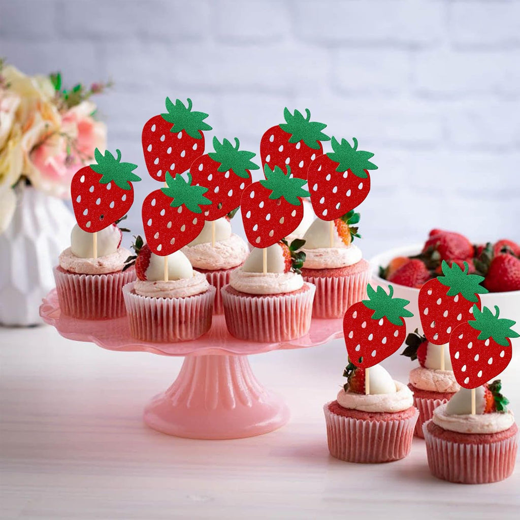 Skiennix 24 PCS Strawberry Cupcake Toppers - Red Glitter Fruit Theme Picks for Summer Parties