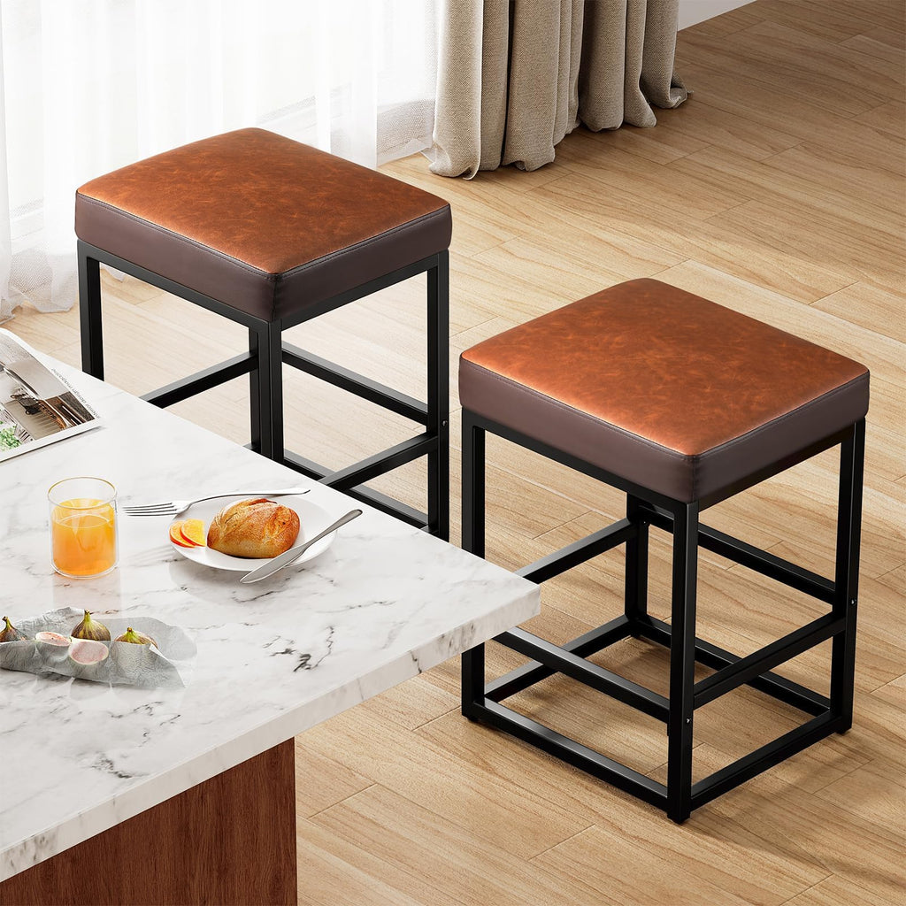 Raynesys Counter Height Bar Stools Set of 2, 24" Barstools for Kitchen Countertop, Faux Leather Counter Stools with Thick Square Seats & Sturdy Metal Base, Simple Assembly, Brown