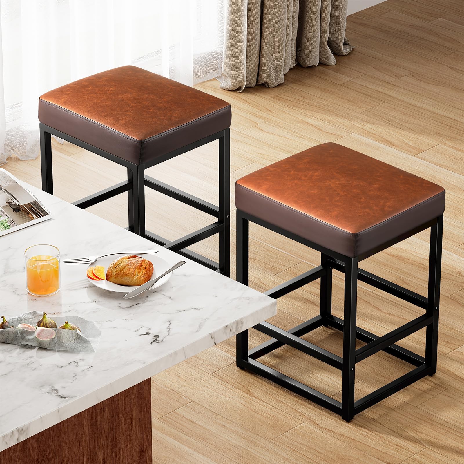 Raynesys Counter Height Bar Stools Set of 2, 24" Barstools for Kitchen Countertop, Faux Leather Counter Stools with Thick Square Seats & Sturdy Metal Base, Simple Assembly, Brown