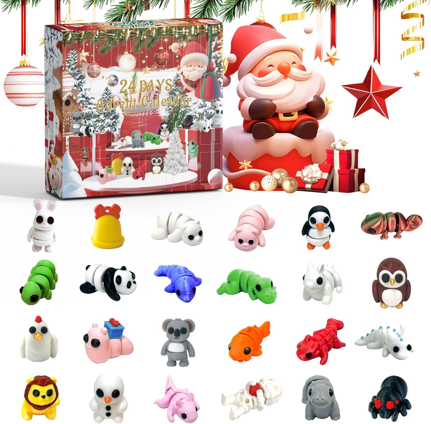 Skiennix 24 PCS 3D Printed Animal Collectibles - Fun Christmas Countdown Calendar Ornaments & Gifts