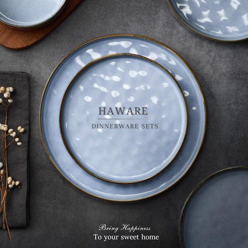 HaWare Dinnerware Sets, 12-Piece Plates and Bowls Set, Stoneware Dish Set for 4, Ceramic Dinnerware for Home Restaurant, Chip and Scratch Resistant, Microwave and Dishwasher Safe, Reactive Blue
