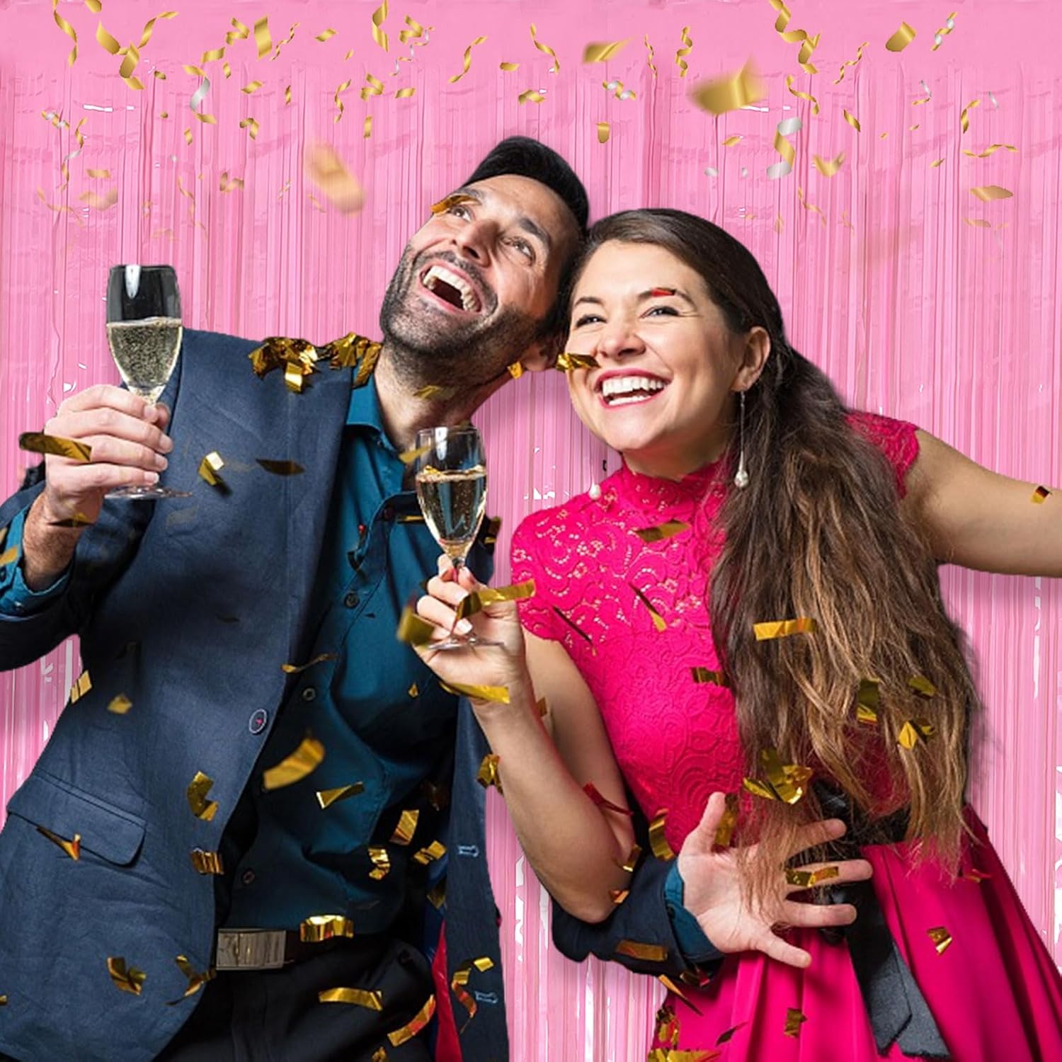 Skiennix 20 Pack Foil Curtains - Pink Metallic Tinsel Fringe Backdrop for Parties & Celebrations