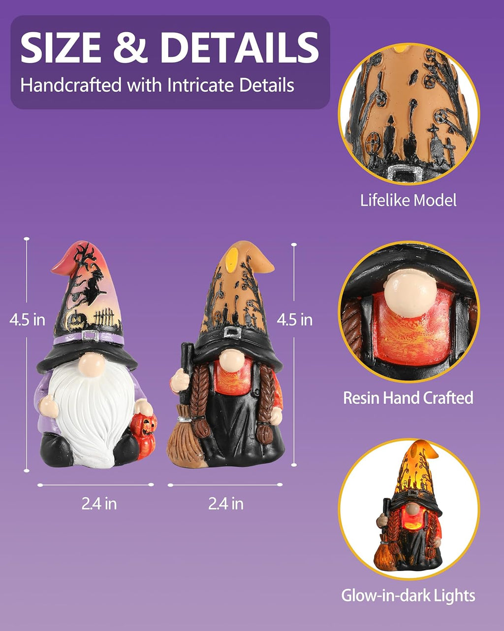 Regine Halloween Gnomes & Witch Figurines - 2-Pack Illuminated Fall Gnome Ornaments - 4.5'' Resin Indoor Decor
