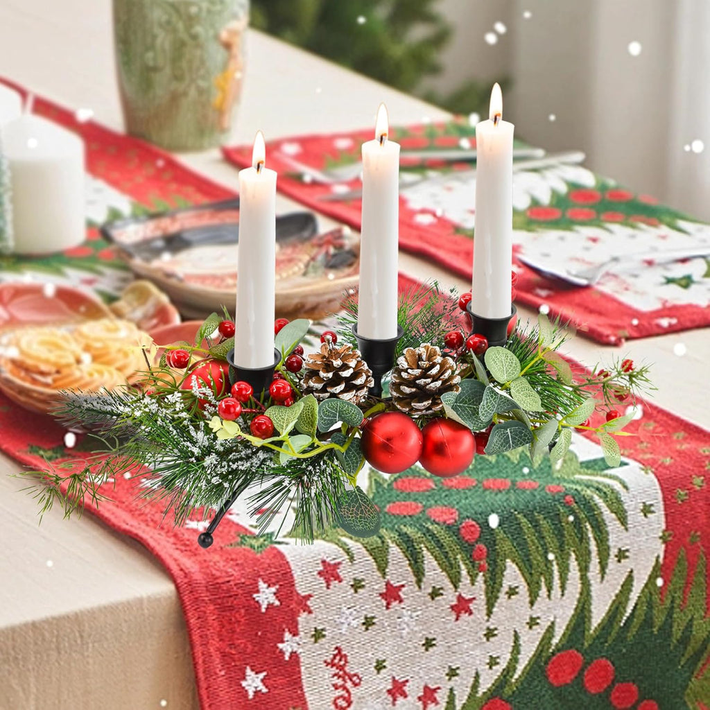 MrMrKura Christmas Tabletop Centerpiece - 3 Candle Holders with Pine Cones & Red Berries for Dining Room Decor