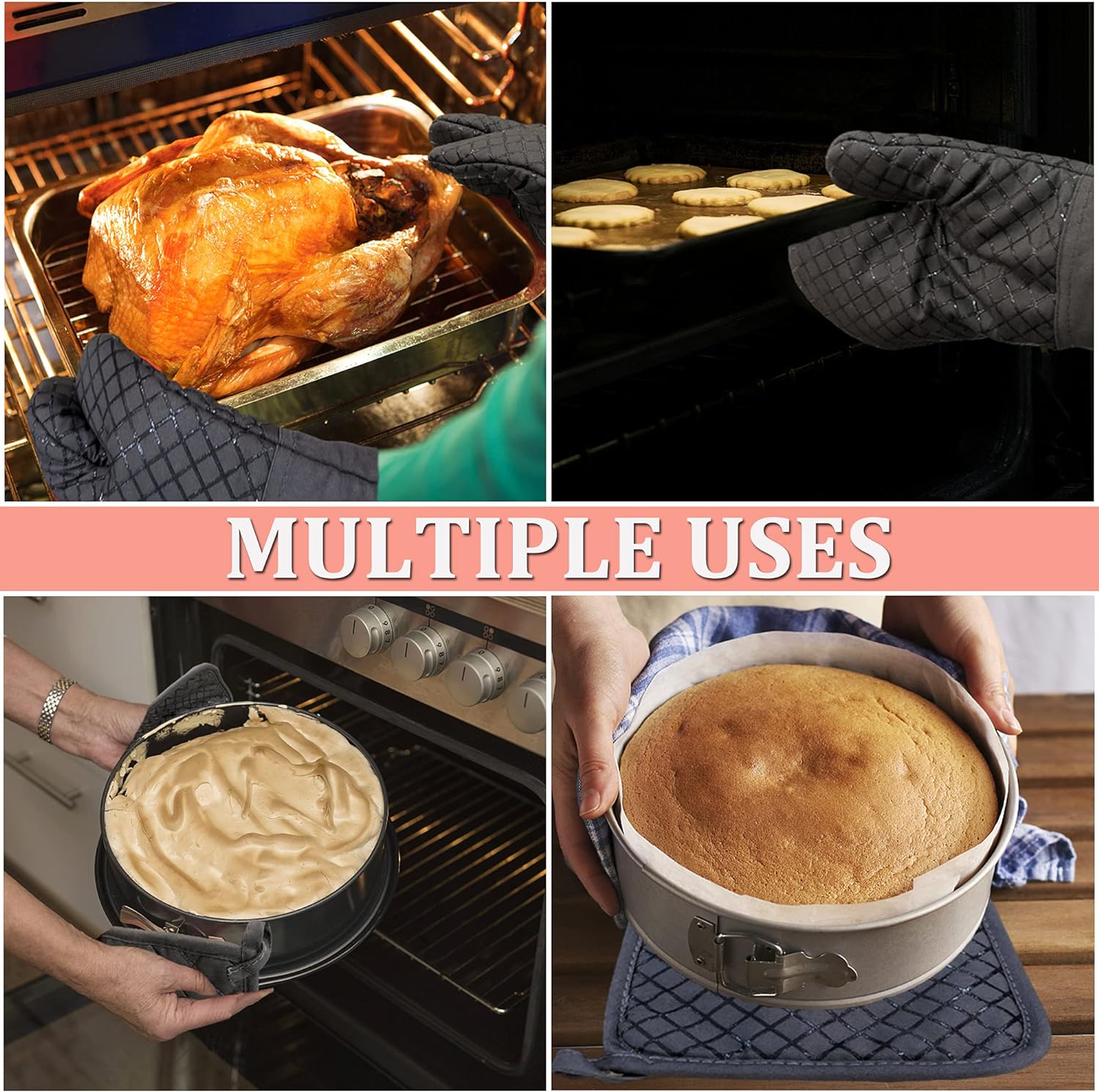 Skiennix Oven Mitts Set - 4 Pcs High Heat Resistant Kitchen Mitts & Pot Holders | Grey