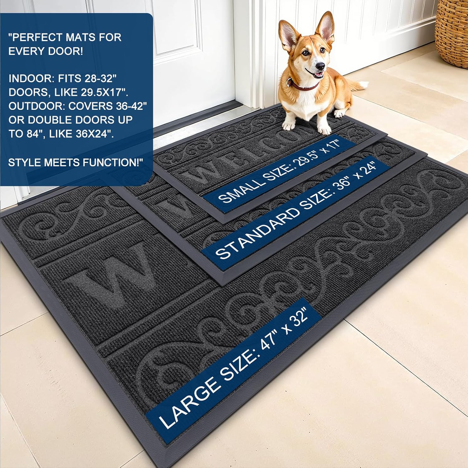 OLANLY Heavy Duty Welcome Door Mat - Waterproof, Stain Resistant, Easy Clean | 29.5 x 17 Inches, Black