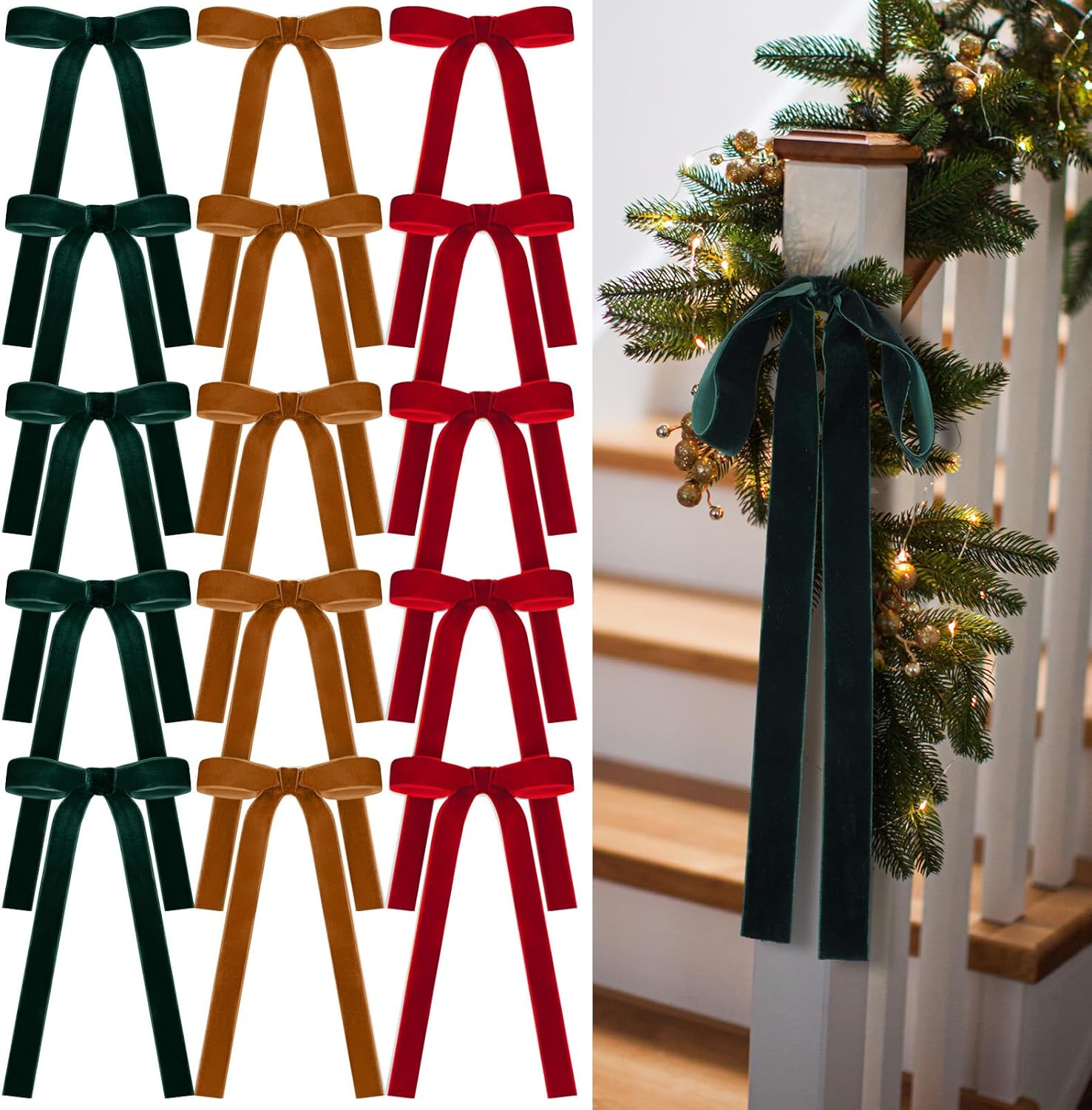 Skiennix 24 Pcs Velvet Christmas Tree Bows - Vintage Ribbon Craft Decor | Dark Red & Green, 9 x 13 Inch