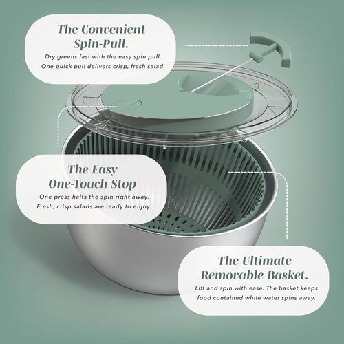 COOK WITH COLOR Stainless Steel Salad Spinner - 5 Qt. Easy Lettuce Washer & Vegetable Dryer - Non-Slip Base & Auto Stop Brake