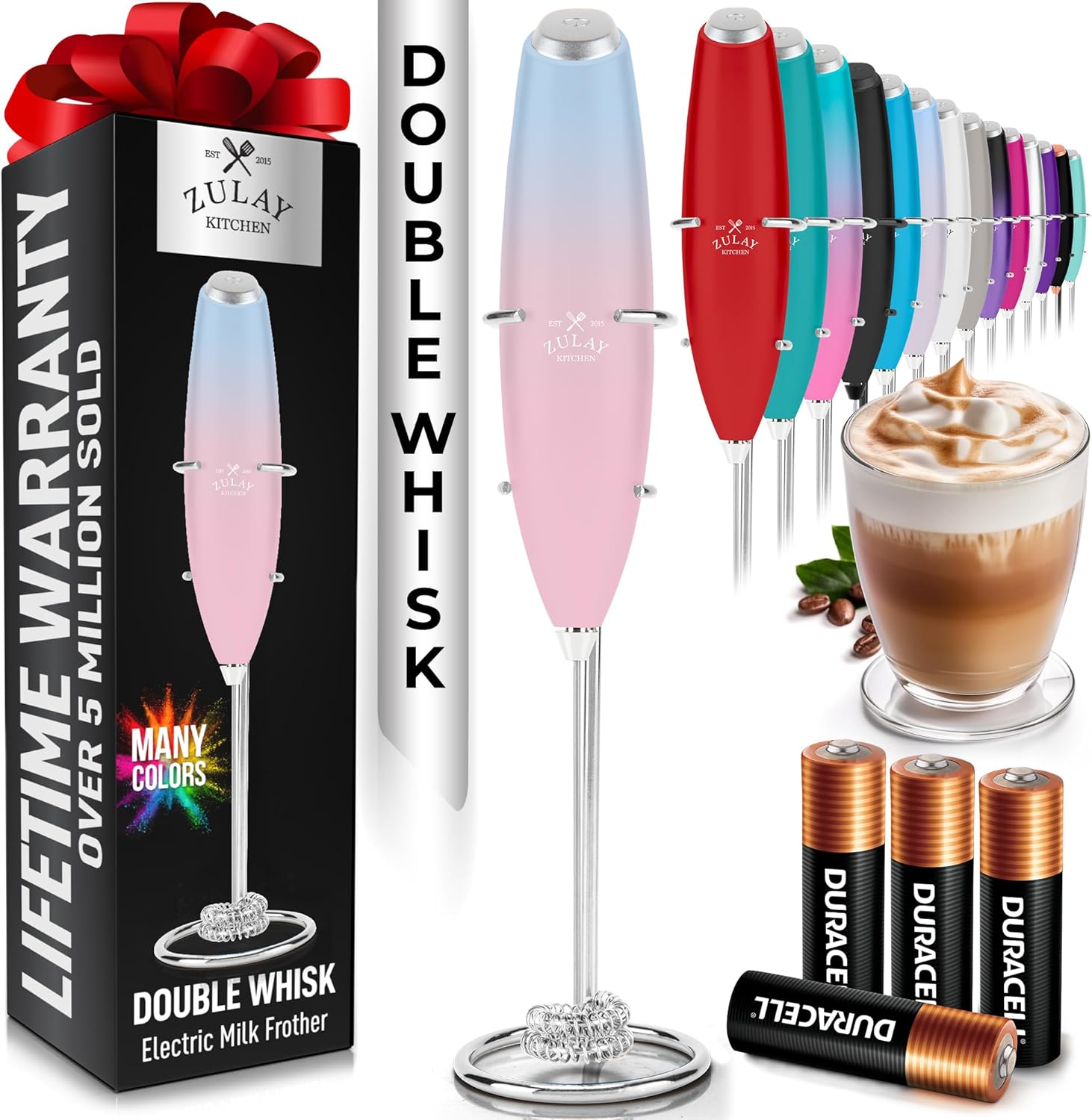 Zulay Kitchen Whisk Milk Frother - Powerful Handheld Foam Maker for Coffee & Lattes | Includes 4 Duracell Batteries